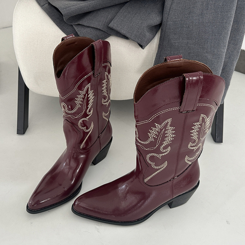 Embroidery On Leather - Botas occidentales de cuero rojo vino
