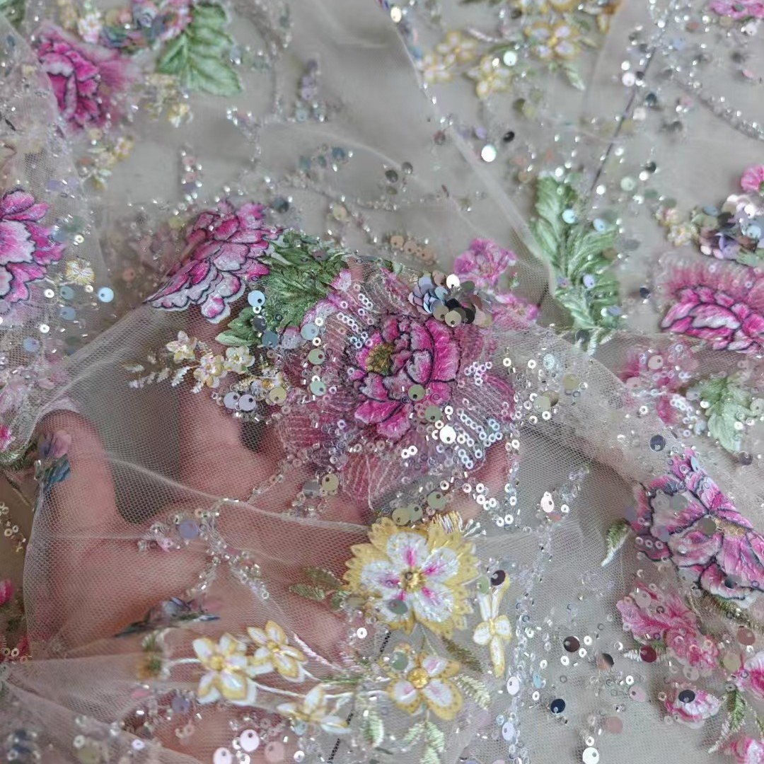 Embroidery Beads - Tela de encaje de lujo con